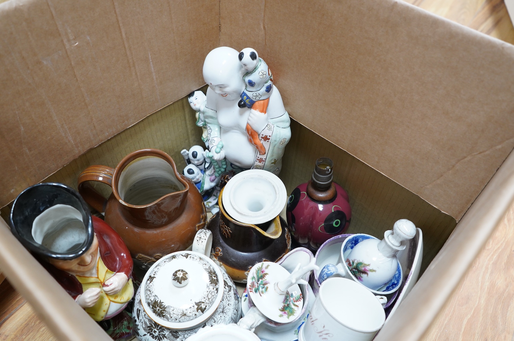 A large collection of various ceramics to include a Ridgways Homemaker plate, Japanese tea set and stoneware jugs